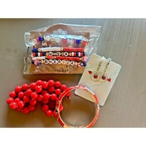 Patriotic Jewelry Lot USA America Bracelets Necklace Earrings Red White Blue 250